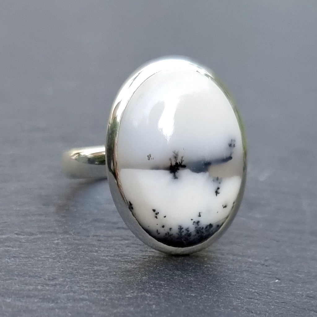 Oval Dendritic Opal Sterling Silver Ring, R56