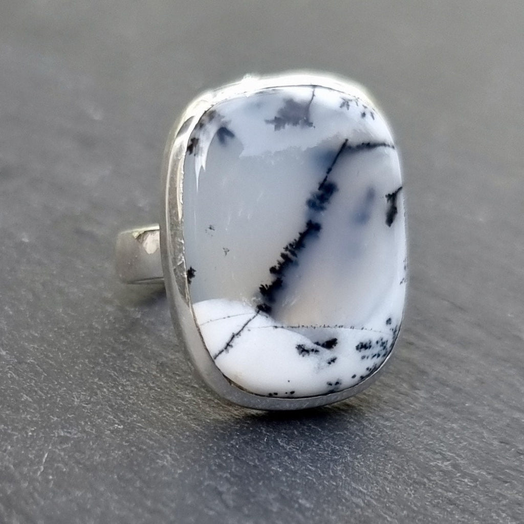 Modern Rectangle Dendritic Opal Sterling Silver Ring, R59