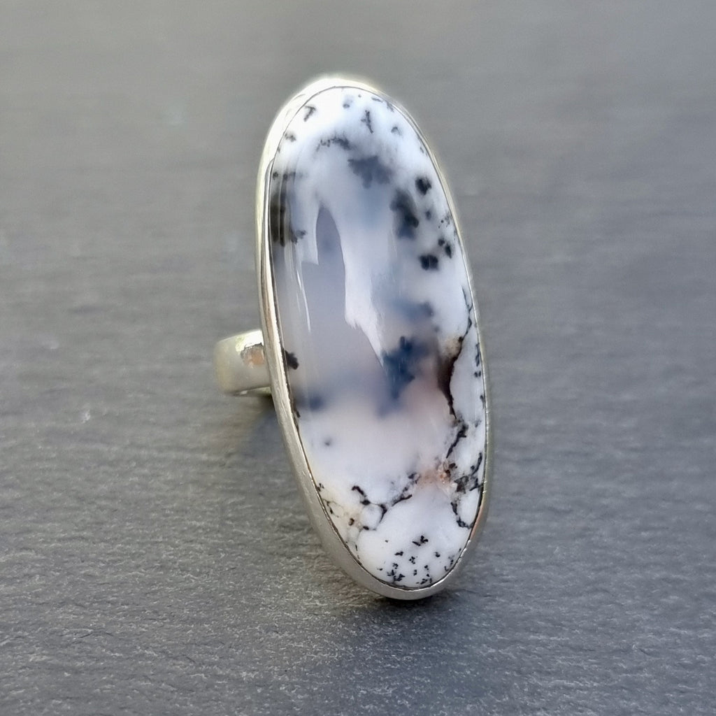 Slender Oval Dendritic Opal Sterling Silver Ring, R62