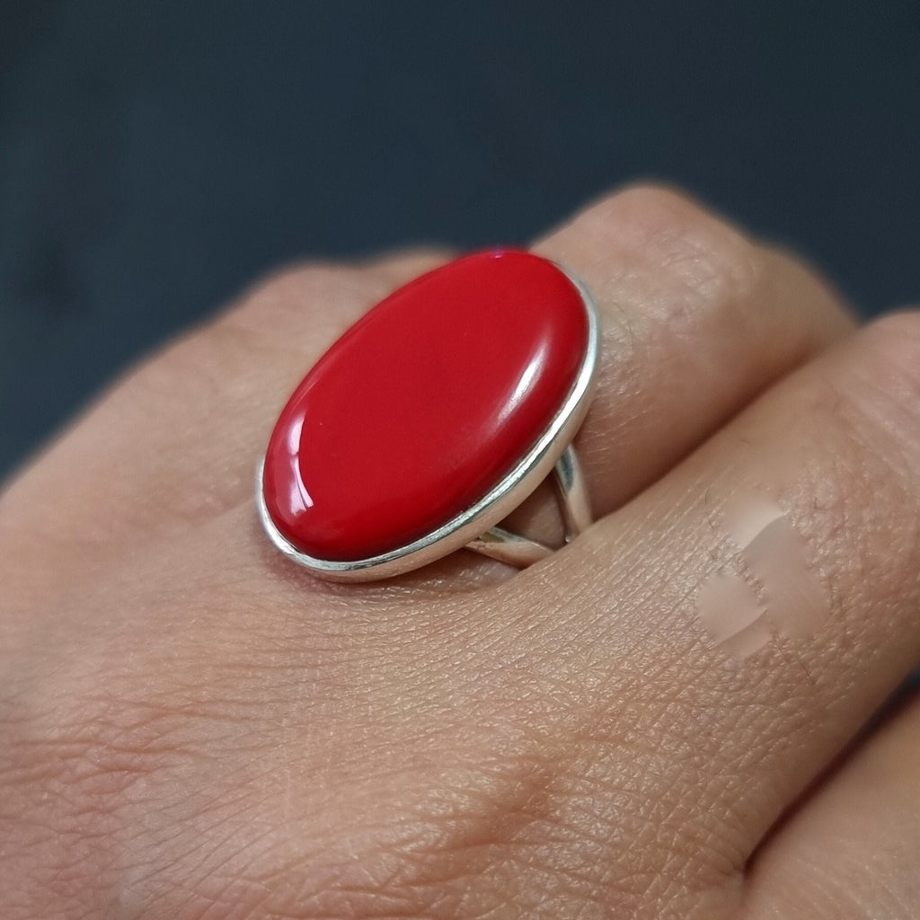 Coral Oval Sterling Silver Ring, R233