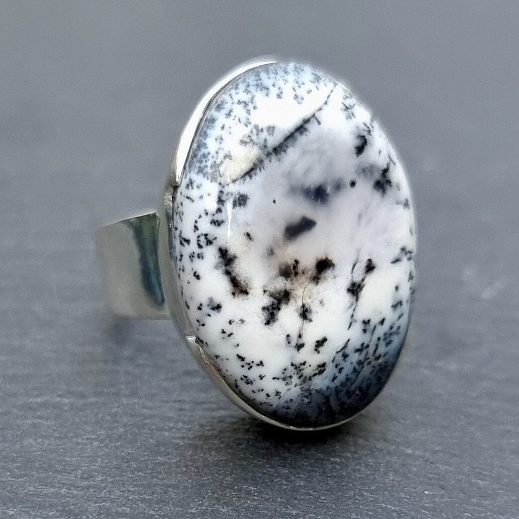 Chunky Oval Dendritic Opal Sterling Silver Ring, R58