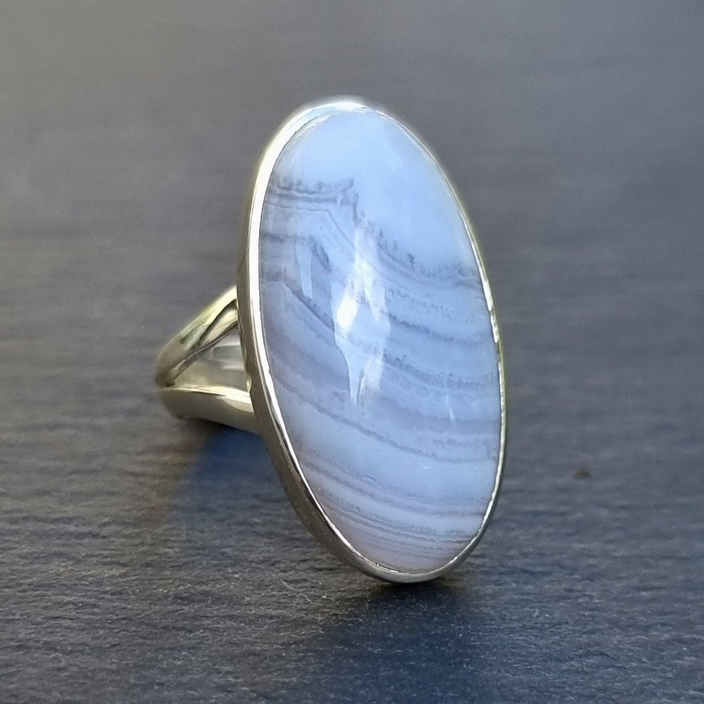 Large Adjustable Blue Lace Agate Sterling Silver Ring, R73