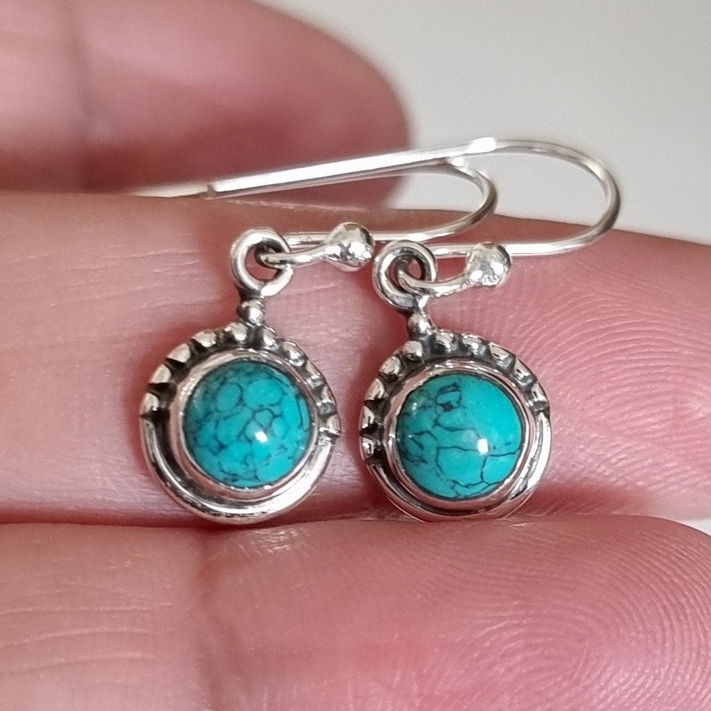 Boho Round Turquoise Earrings, Dainty 925 Sterling Silver Dangly Earrings, Stone Size 6mm, Bridal Jewellery Ideas, Mistry Gems, E91T