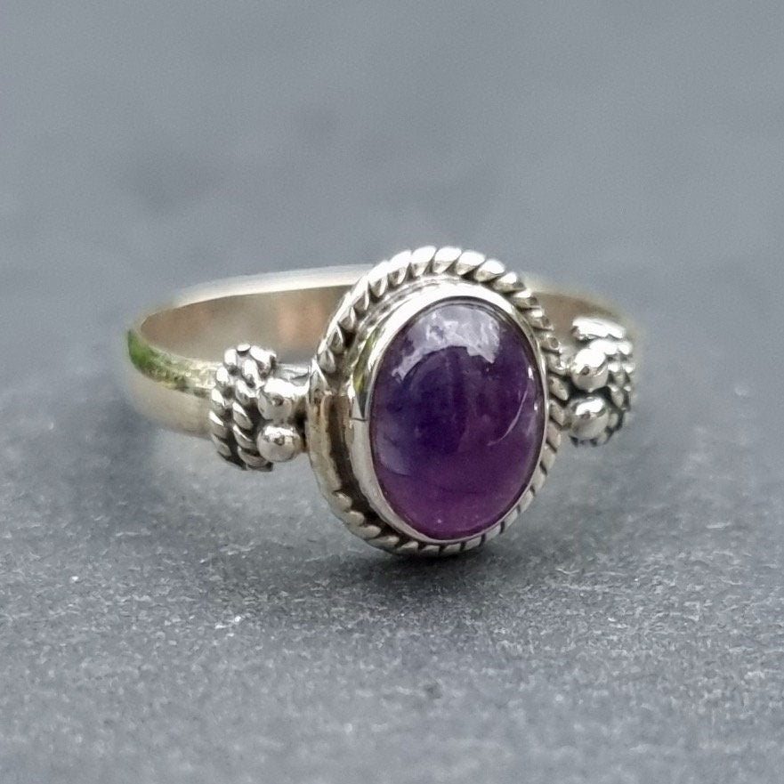 Unisex Boho Oval Amethyst Ring 925 Sterling Silver, R5A – Mistry