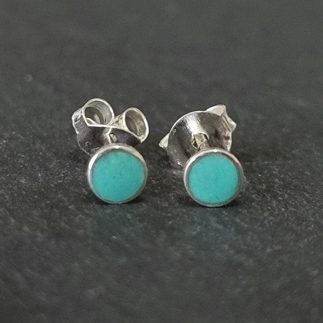 Dainty 3mm Round Turquoise Enamel Studs, 925 Sterling Silver, S6Tb