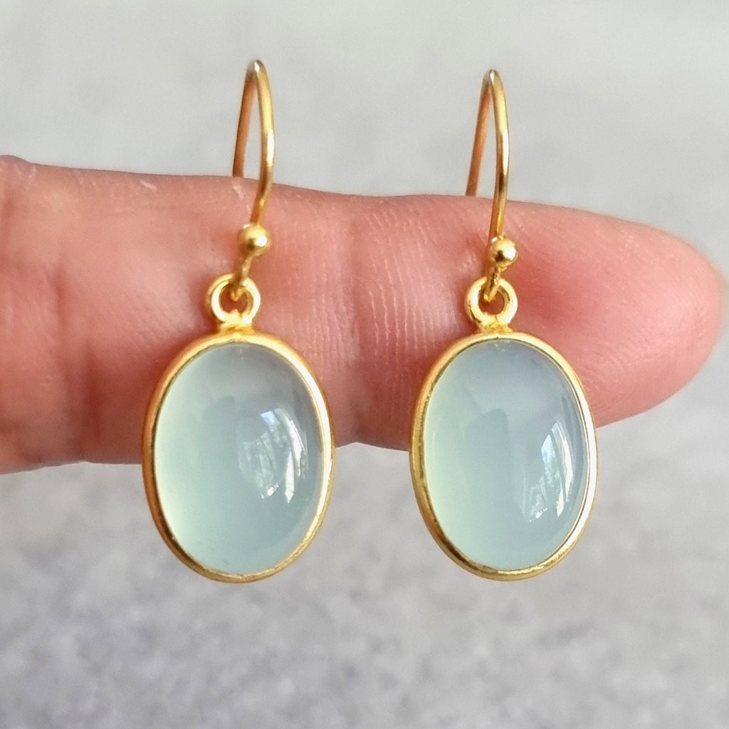 Large Oval Gold Plated Aqua Chalcedony Earrings, 925 Sterling Silver, Stone Size 14mm x 10mm, Bridal Jewellery, Mistry Gems, E93C