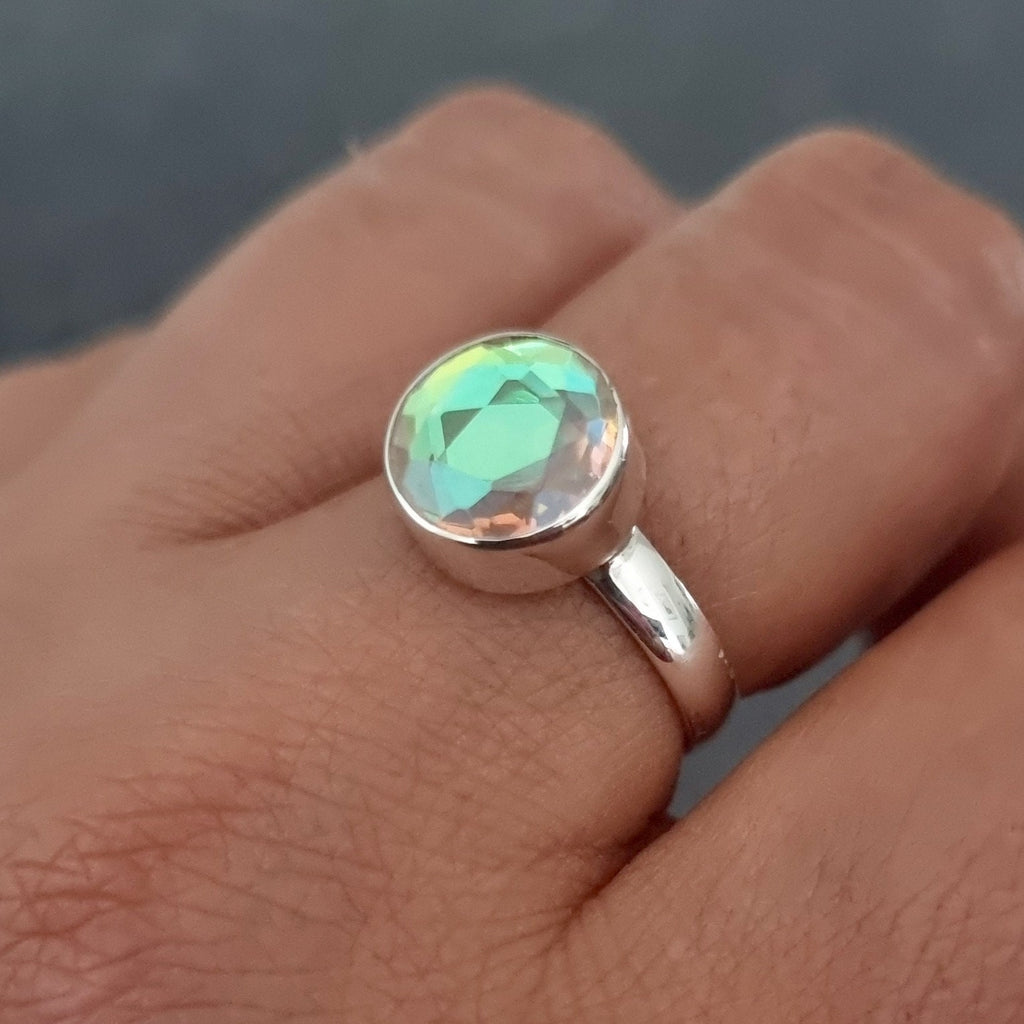 Small Round Mystic Mercury Mist Topaz Ring, 925 Sterling Silver, Size US 8 3/4 UK R, Cut Stone 10mm, Solitaire Ring, Mistry Gems, R142