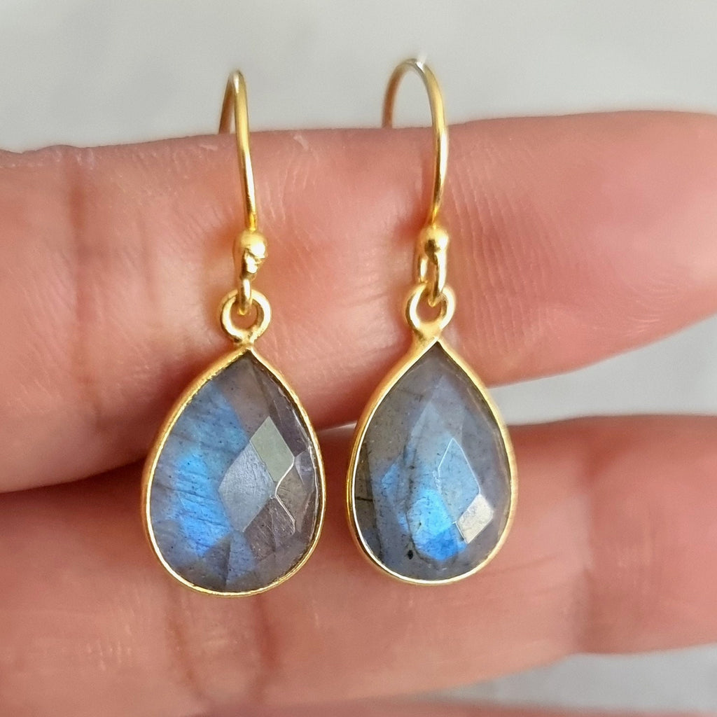 Modern Gold Plated Teardrop Labradorite Earrings, 925 Sterling Silver, Facetted Checker Cut Stone Size 14mmx 10mm, Mistry Gems, E16LAB