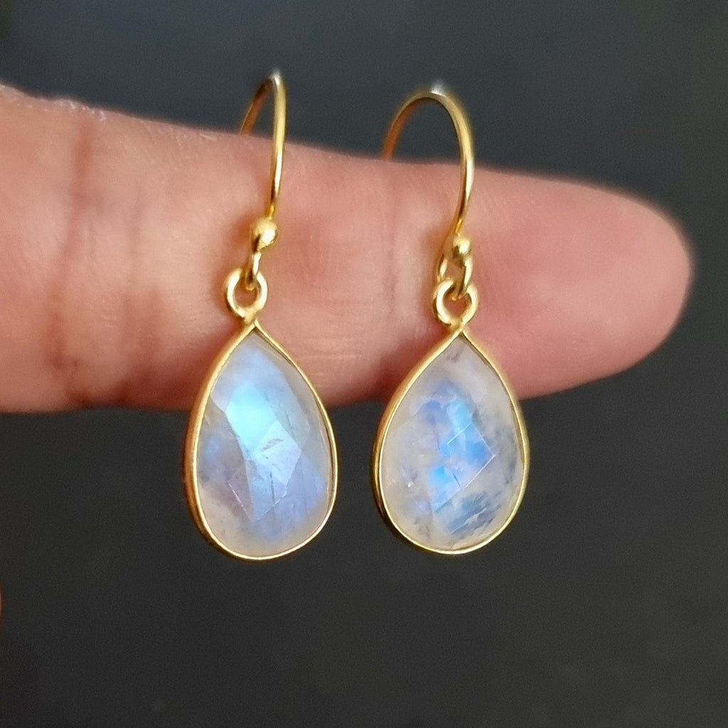 Gold Plated Facetted Teardrop Moonstone Earrings, 925 Sterling Silver, Checker Cut Stone Size 14mmx 10mm, June Birthstone, Mistry Gems, E16M