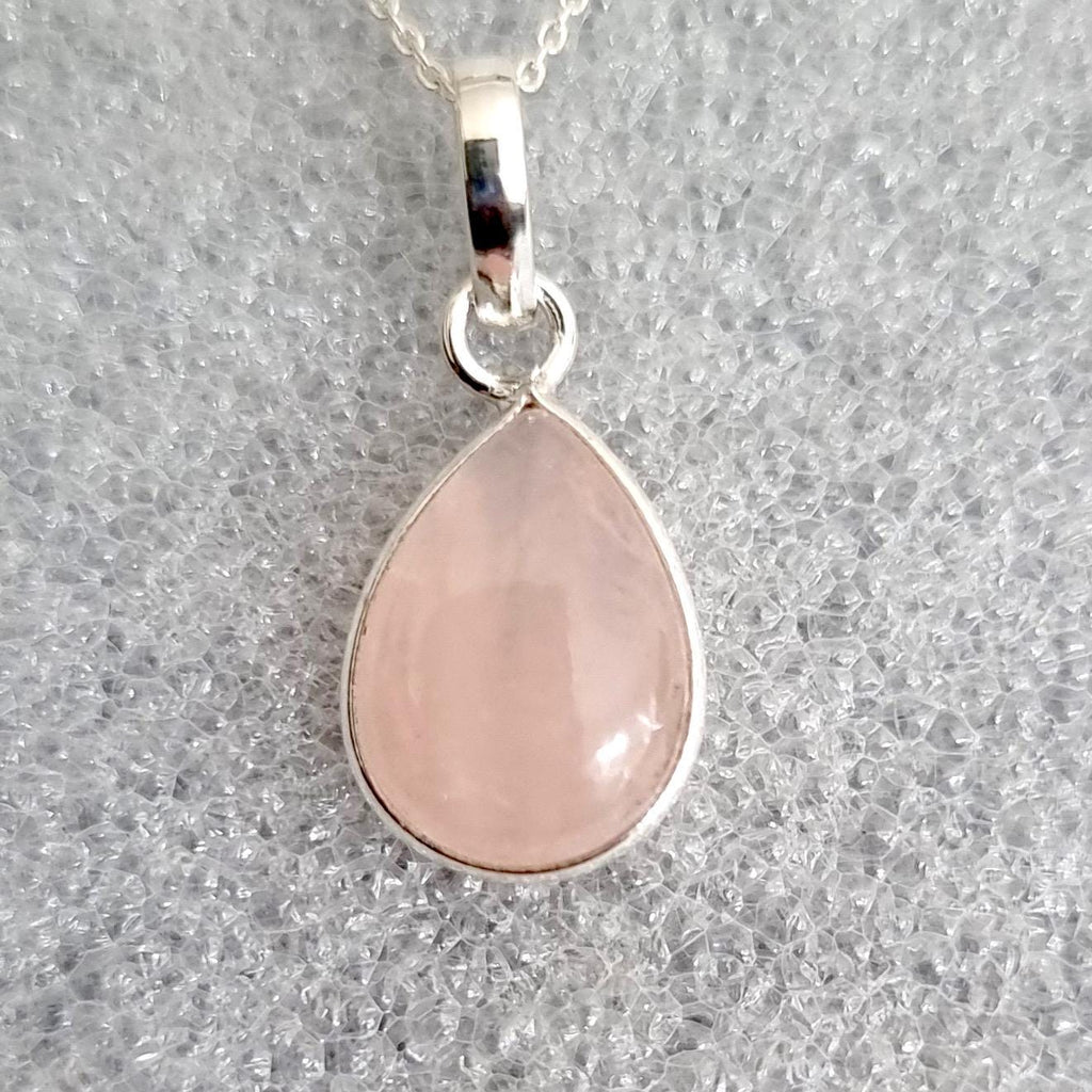 Delicate Rose Quartz Pendant, 925 Sterling Silver, Bezel Set Teardrop Stone Size 14mm x 10mm, Bridesmaids Jewellery, Mistry Gems, P9SRQ