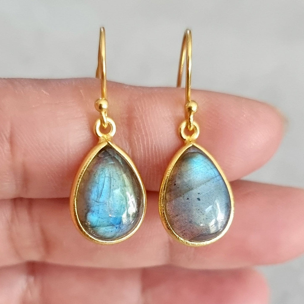Gold Plated Teardrop Labradorite Earrings, 925 Sterling Silver, Bezel Set Stone Size 14mm x 10mm, Bridal Jewellery, Mistry Gems, E94LAB
