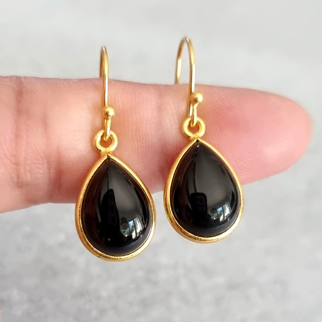Modern Gold Plated Teardrop Black Onyx Earrings, 925 Sterling Silver, Cabochon Stone Size 14mmx 10mm, 7th Anniversary, Mistry Gems, E94O