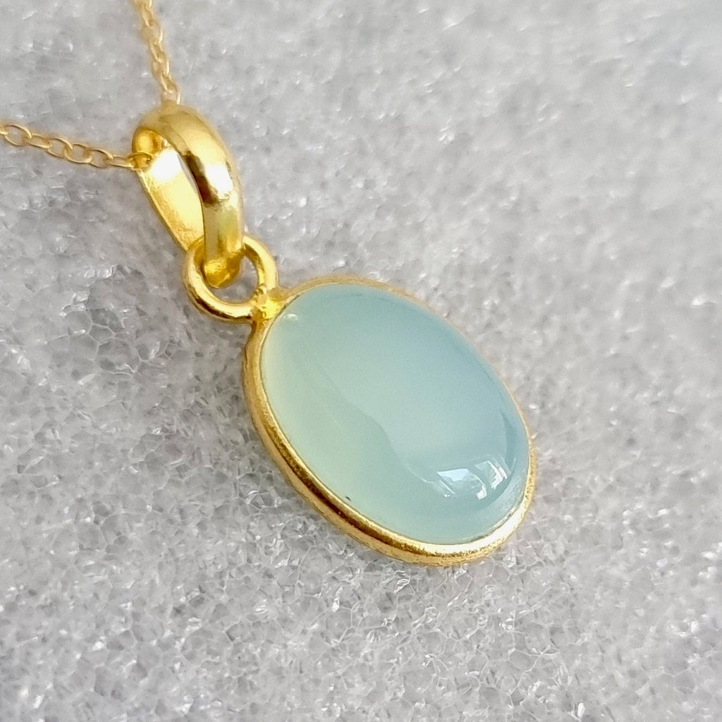 Small Gold Plated Aqua Chalcedony Pendant, 925 Sterling Silver, Bezel Set Oval Stone Size 14mm x 10mm, March Birthstone, Mistry Gems, P8C