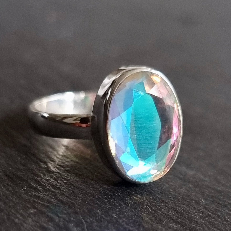 Small Oval Mystic Mercury Mist Topaz Ring, 925 Sterling Silver, Cut Stone 14mm x 10mm, Rainbow Gemstone Solitaire Ring, Mistry Gems, R137