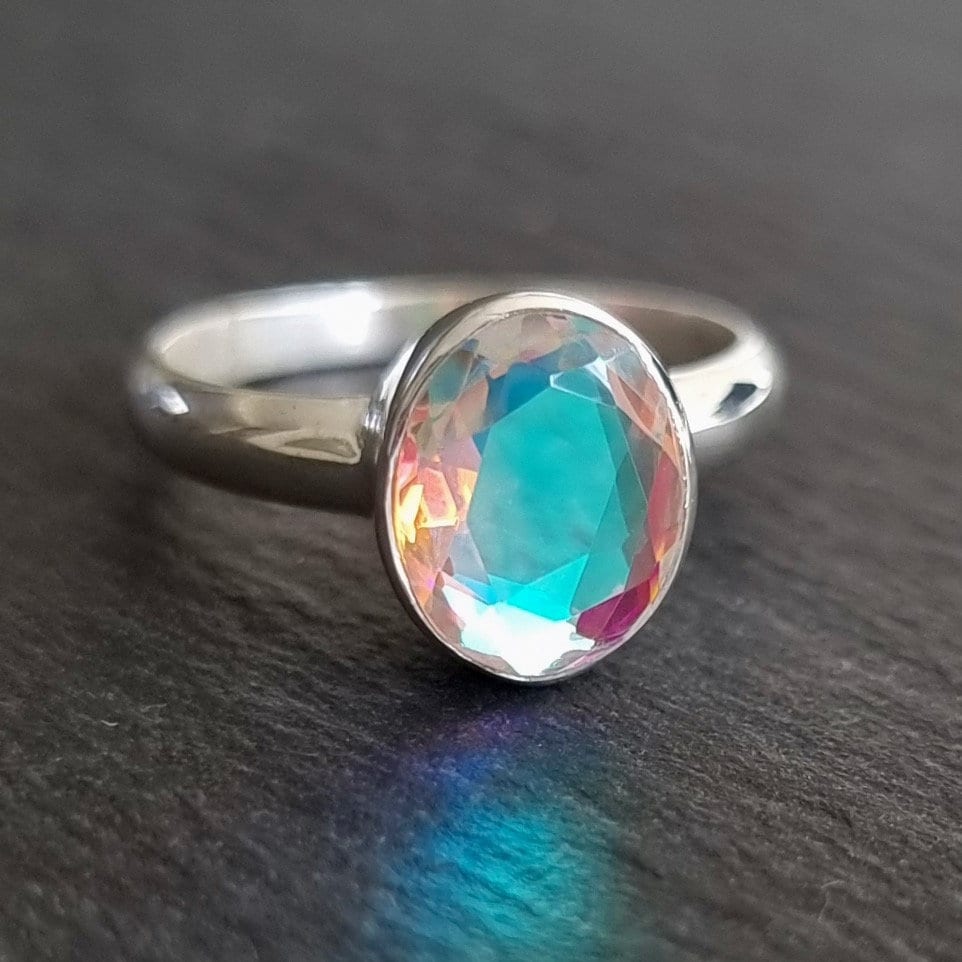 Elegant Oval Mystic Mercury Mist Topaz Ring, 925 Sterling Silver, Cut Stone 10mm x 8mm, Rainbow Gemstone Solitaire Ring, Mistry Gems, R138