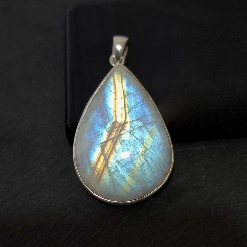 Unisex Large Teardrop Rainbow Moonstone 925 Sterling Silver Pendant, MP19