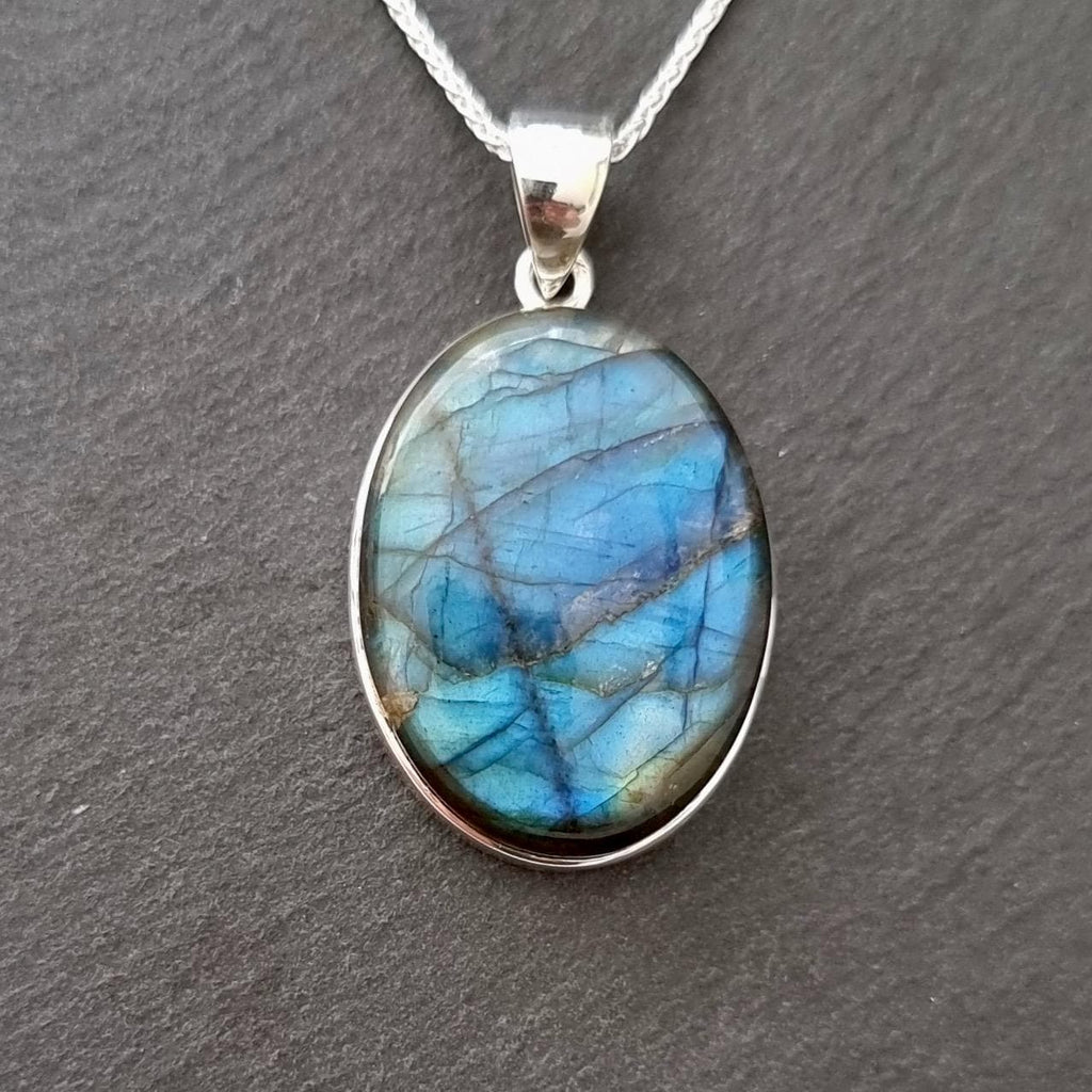 Large Chunky Oval Labradorite 925 Sterling Silver Pendant, LABP18