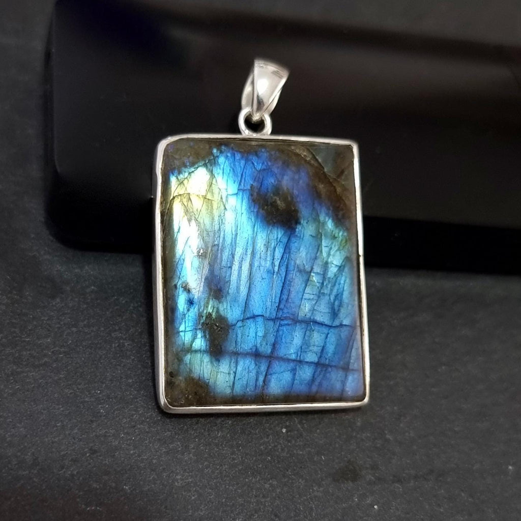 Striking Large Rectangle Blue Labradorite 925 Sterling Silver Pendant, LABP5