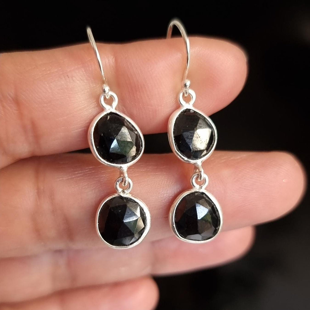 Designer Facetted Black Onyx Earrings, 925 Sterling Silver, Contemporary Round Oval Earrings, 7th Anniversary Gift for Her, Mistry Gems, E43