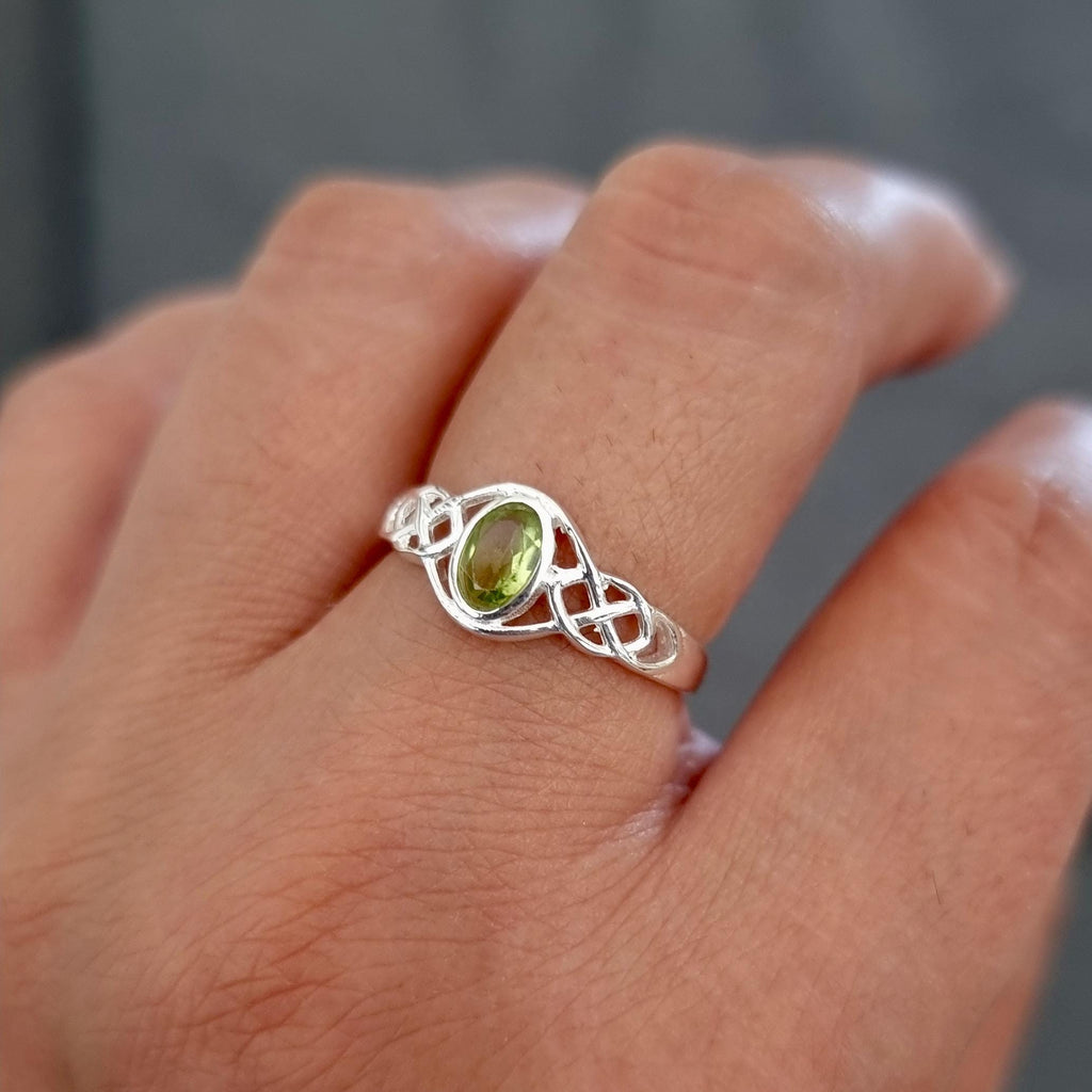 Celtic Sterling Silver Peridot Ring, Celtic Knot Ring, August Birthstone, Celtic Weave Pagan Ring, Boho Green Stone Ring, Mistry Gems, R33P