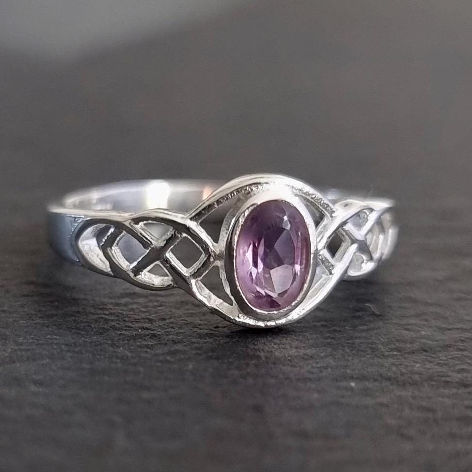 Celtic Facetted Amethyst Ring 925 Sterling Silver February