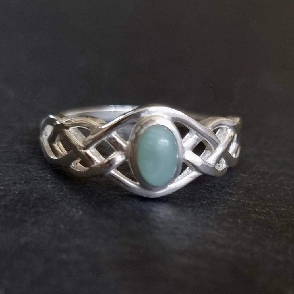 Celtic Knot Larimar Ring, 925 Sterling Silver Ring, Caribbean Stone, Celtic Weave Ring, Pagan Ring, Wiccan, Engagement, Mistry Gems, R33LAR
