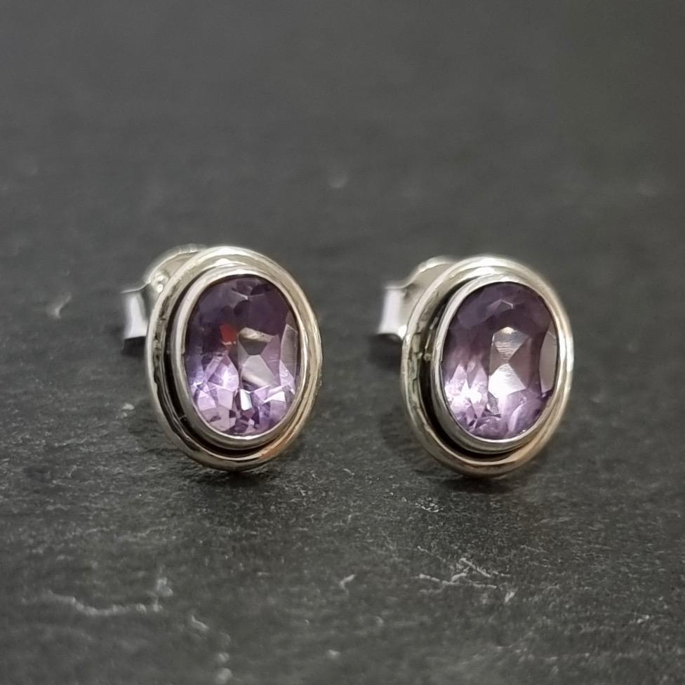 Chic Oval Facetted Amethyst Studs Earrings, 925 Sterling Silver, S3AF