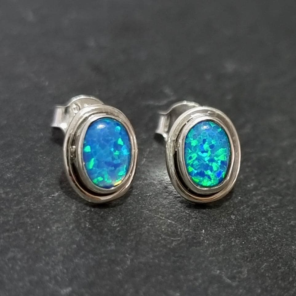 Striking Oval Blue Opal Studs Earrings, 925 Sterling Silver, S3BOP