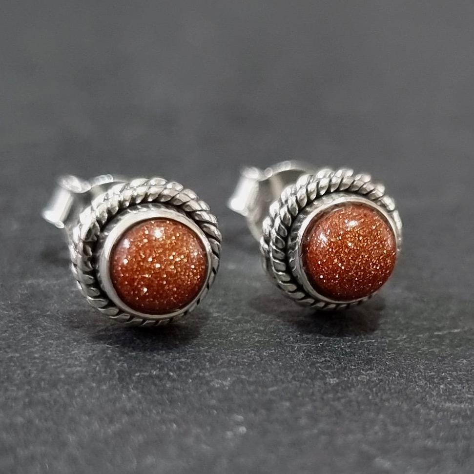 Boho Burnt Orange Goldstone Stud Earrings – 925 Sterling Silver