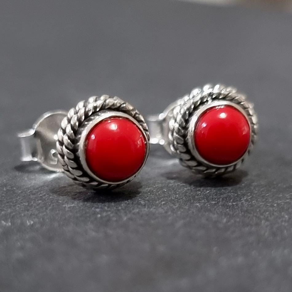 Boho Small Round Coral-Colour Stud Earrings – 925 Sterling Silver Festive Gift