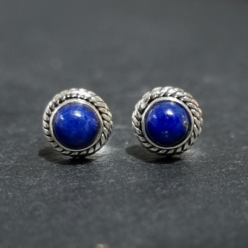 Boho Lapis Lazuli Stud Earrings – 925 Sterling Silver September Birthstone