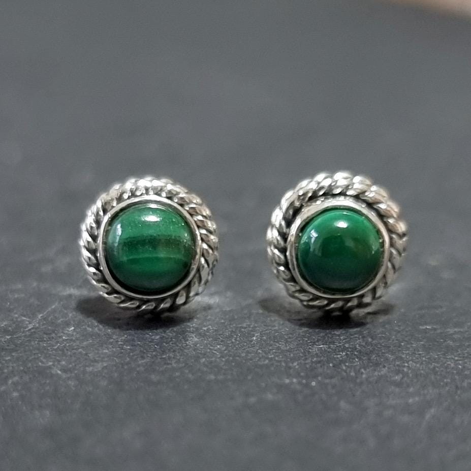 Boho Malachite Stud Earrings – 925 Sterling Silver Dark Green