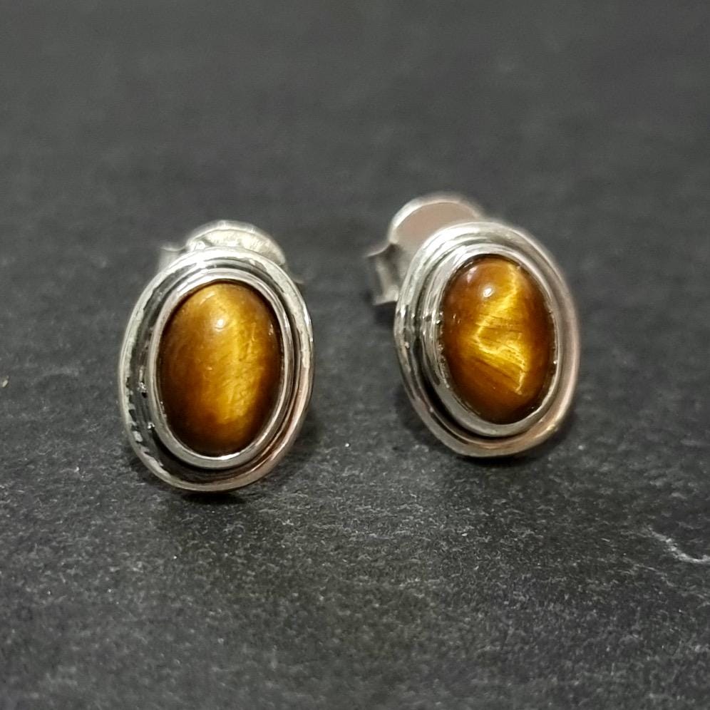 Classic Oval Tigers Eye Stud Earrings, 925 Sterling Silver, S3TE
