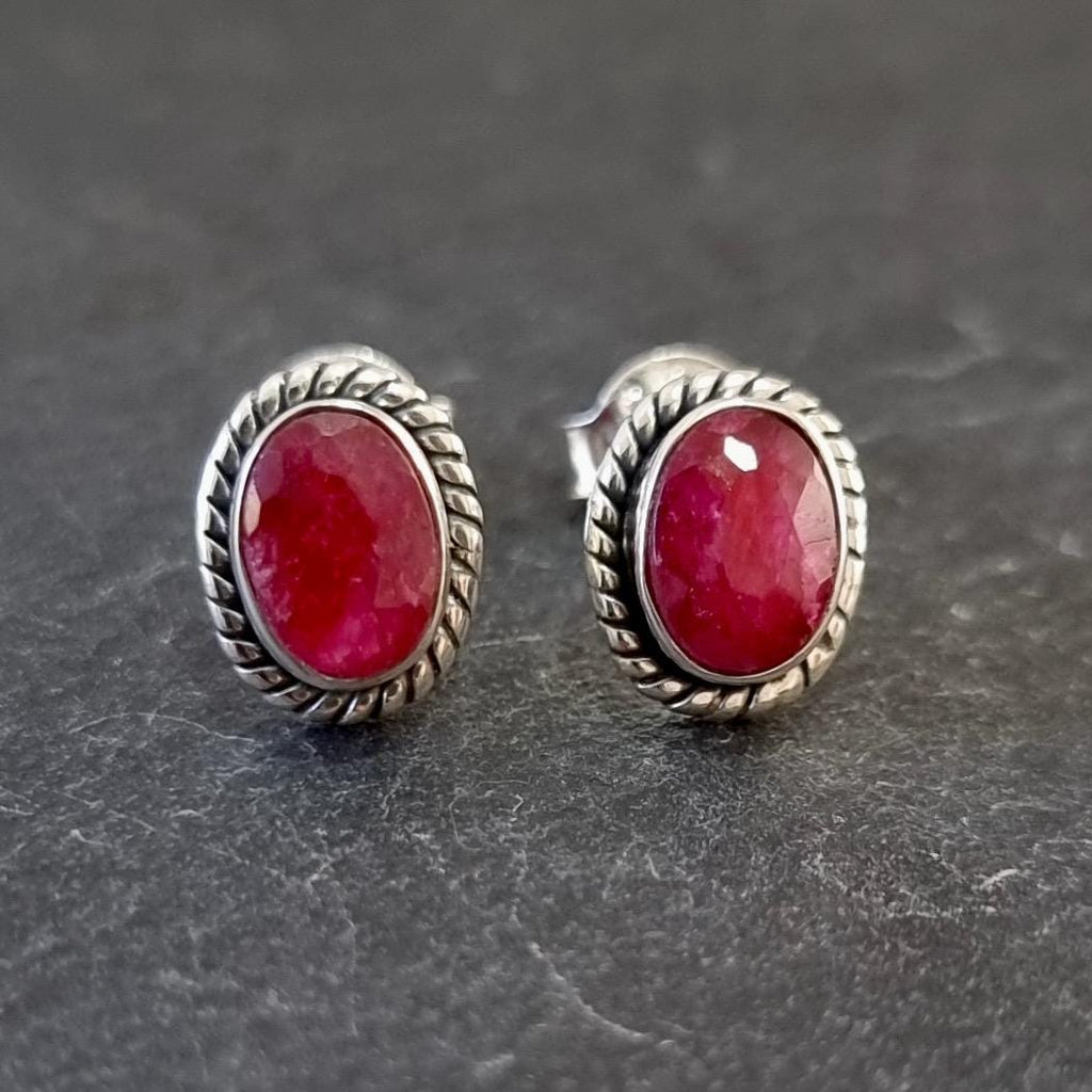 Boho Oval Ruby Stud Earrings, 925 Sterling Silver, S4R