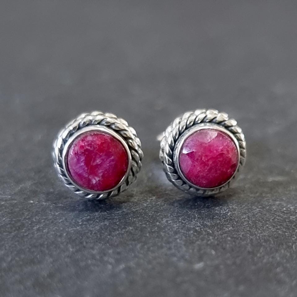 Boho Ruby Stud Earrings – 925 Silver July Birthstone & 15th, 40th Anniversary Gift