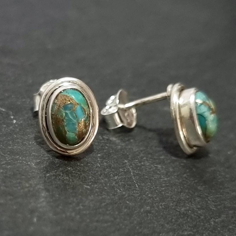 Oval Blue Copper Turquoise Stud Earrings, 925 Sterling Silver, Size 1.0cm x 0.8cm, December Birthstone, 11th Anniversary, Mistry Gems, S3BCT