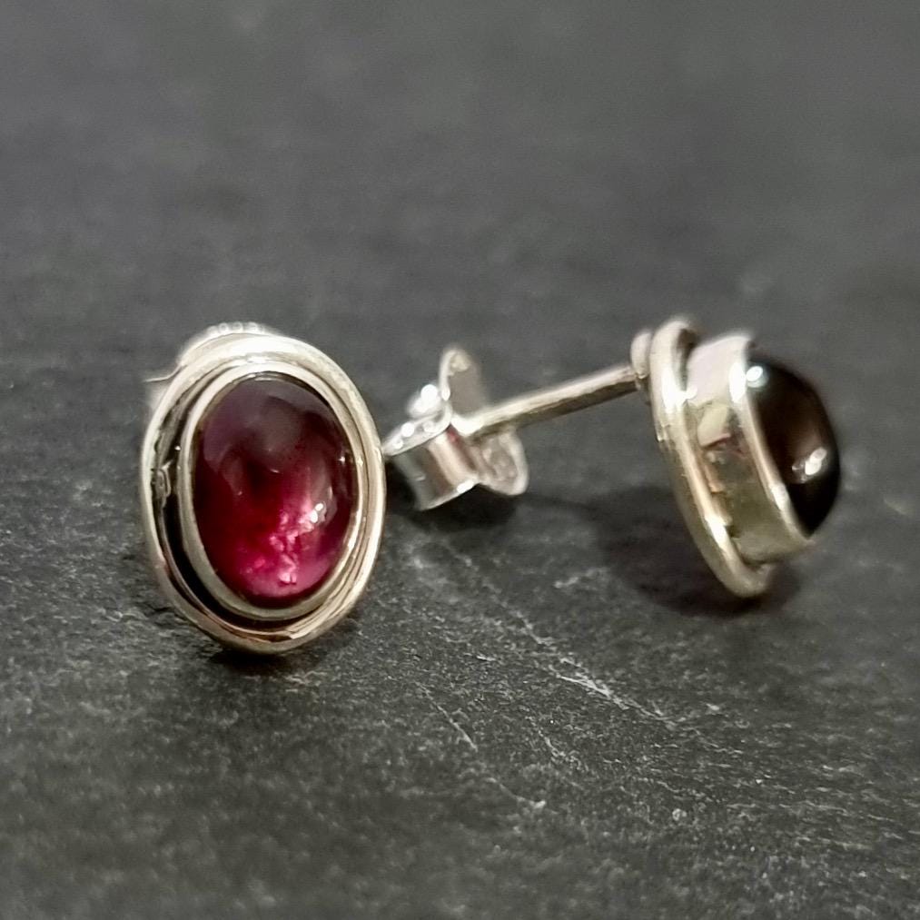 Elegant Oval Garnet Studs Earrings, 925 Sterling Silver, S3G