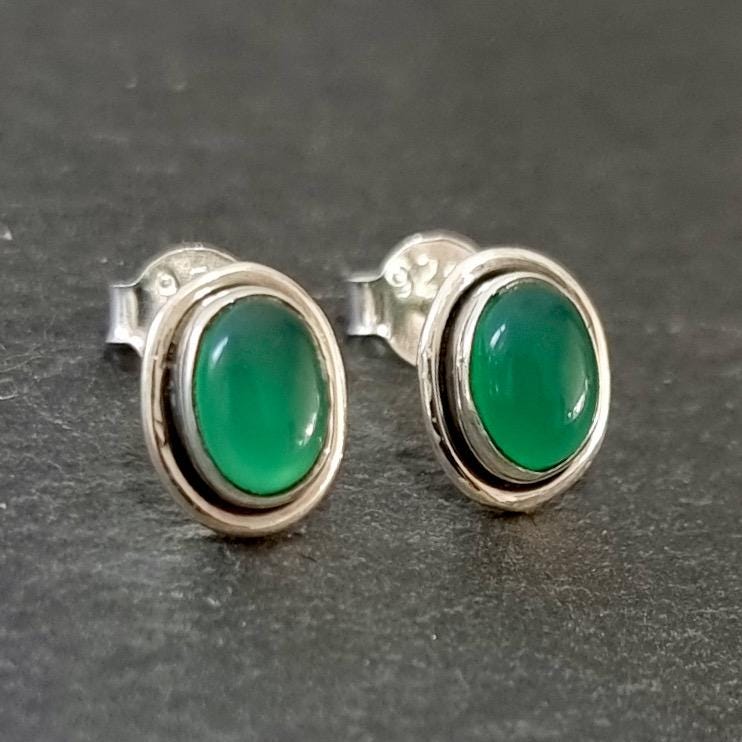 Elegant Oval Green Onyx Studs Earrings, 925 Sterling Silver, S3GO