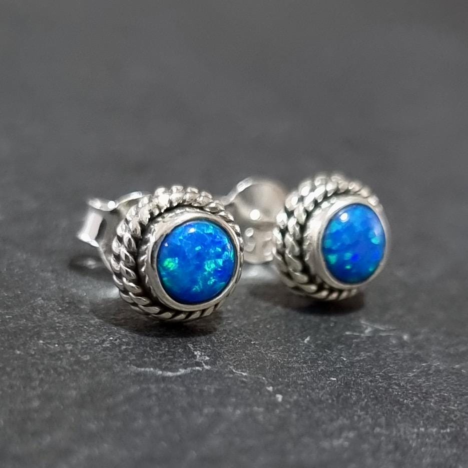 Boho Blue Opal Stud Earrings – 925 Sterling Silver October Birthday Gift