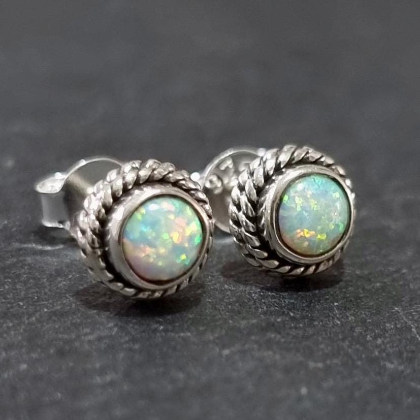 Boho White Opal Stud Earrings – 925 Sterling Silver October Birthstone