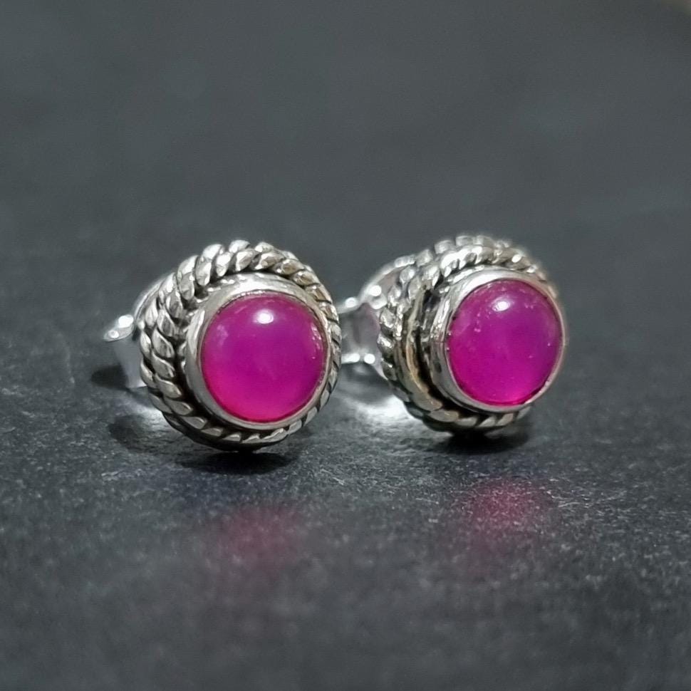 Boho Hot Pink Agate Stud Earrings – 925 Sterling Silver Vibrant Fuchsia Gift
