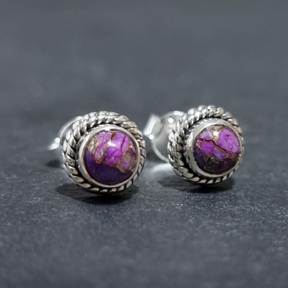 Boho Purple Copper Turquoise Stud Earrings – 925 Silver December Birthday Gift