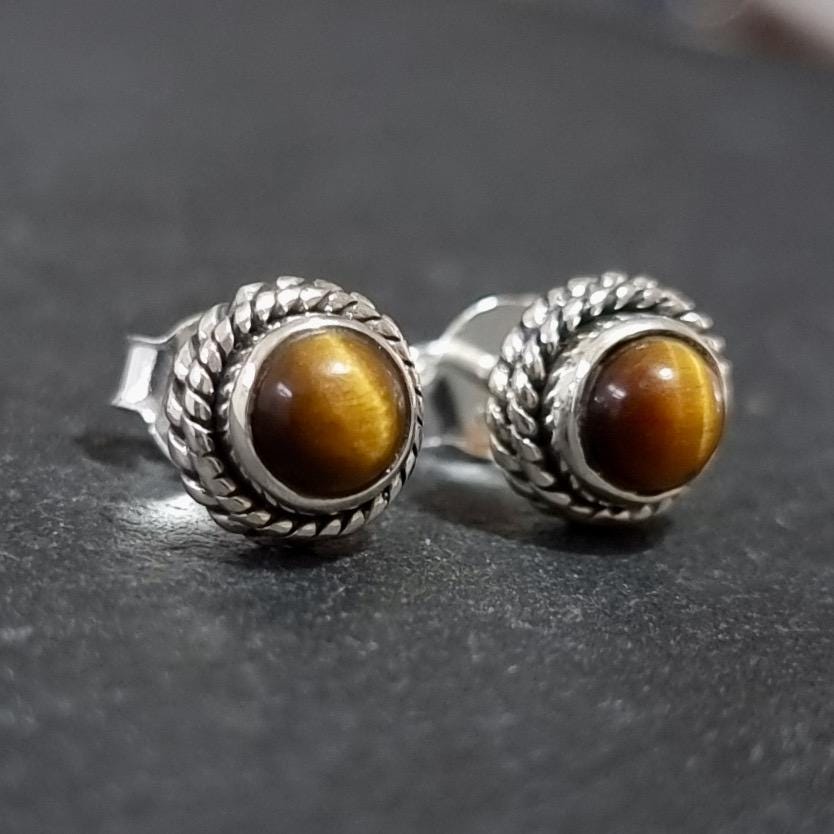 Boho Tiger’s Eye Stud Earrings – 925 Sterling Silver 18th Anniversary Gift