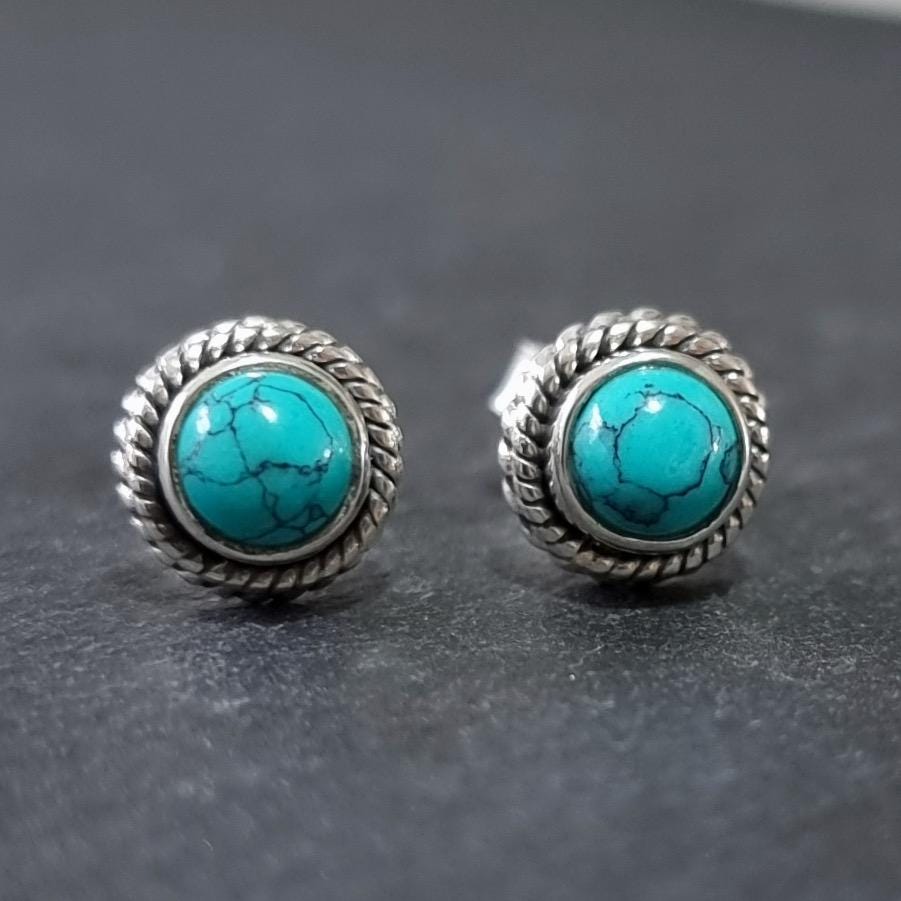 Boho Turquoise Stud Earrings – 925 Sterling Silver December Birthstone Gift