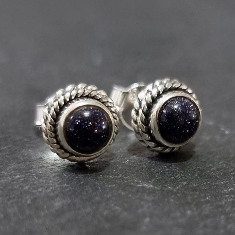 Boho Sparkling Blue Goldstone Stud Earrings – 925 Sterling Silver