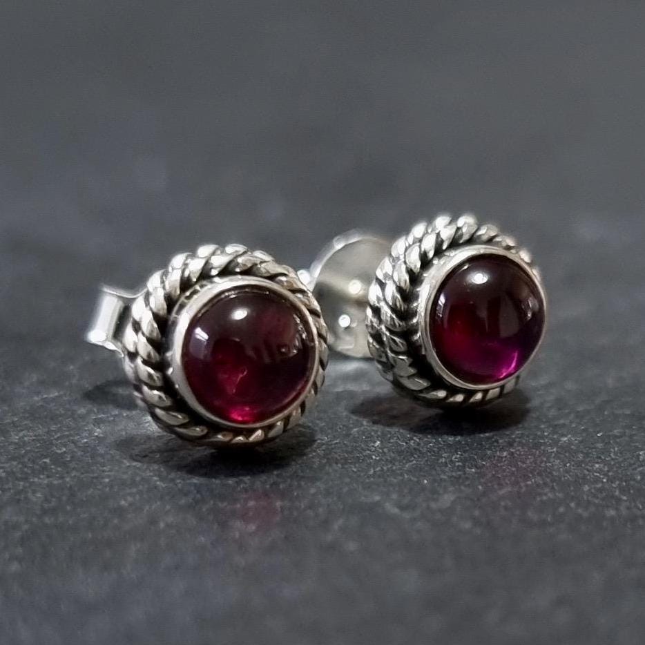Boho Smooth Polished Garnet Stud Earrings – 925 Sterling Silver January Birthstone Gift