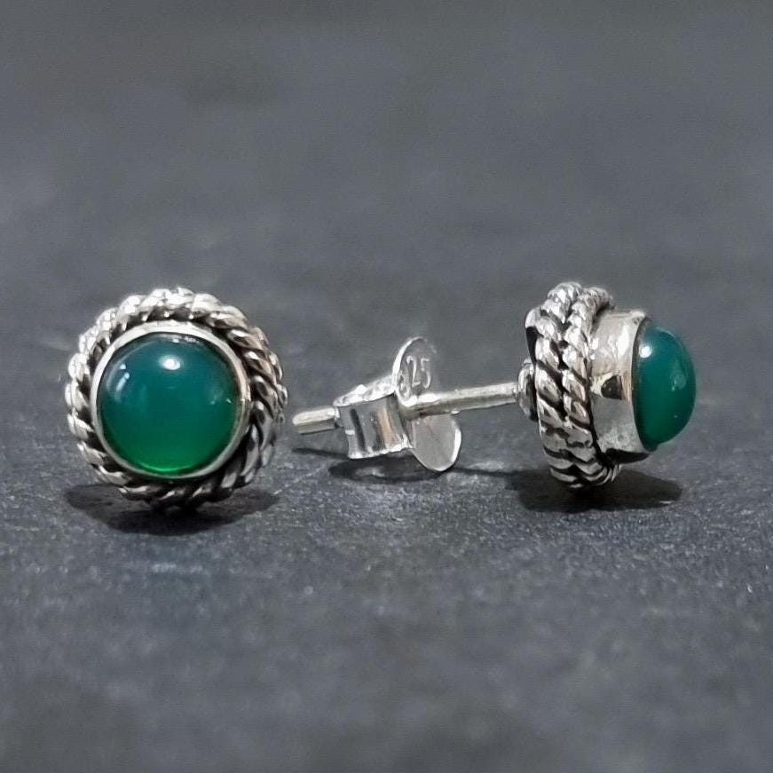 Boho Small Green Onyx Stud Earrings – 925 Sterling Silver 7th Anniversary Gift