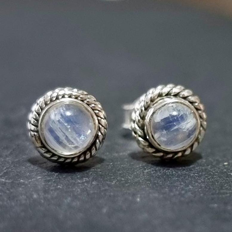 Boho Moonstone Stud Earrings – 925 Sterling Silver June Birthstone Gift