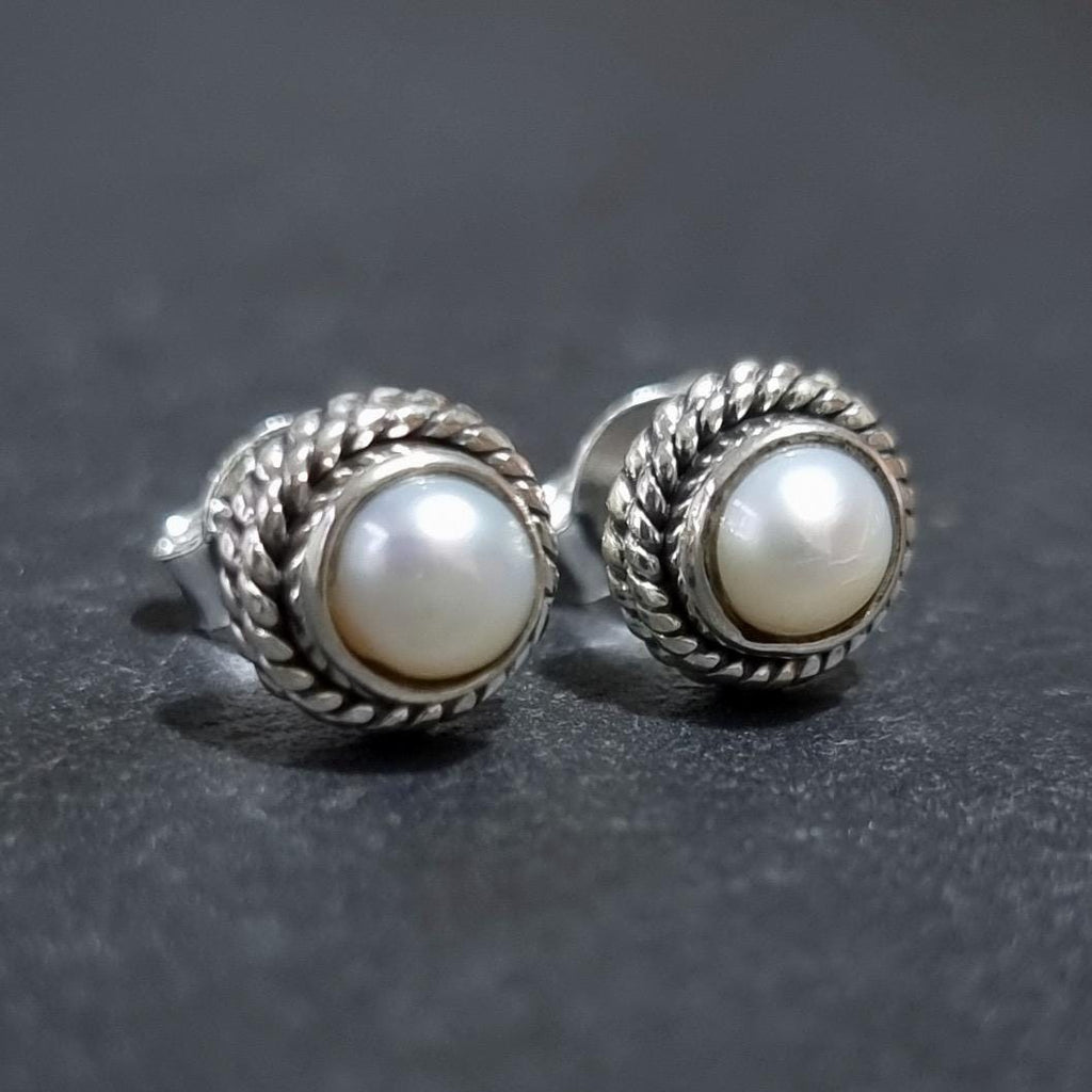 Boho Pearl Stud Earrings – 925 Sterling Silver June Birthstone Gift