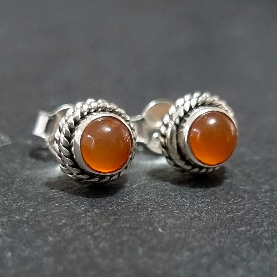 Boho Carnelian Stud Earrings – 925 Sterling Silver Burnt Orange Bridesmaid Gift